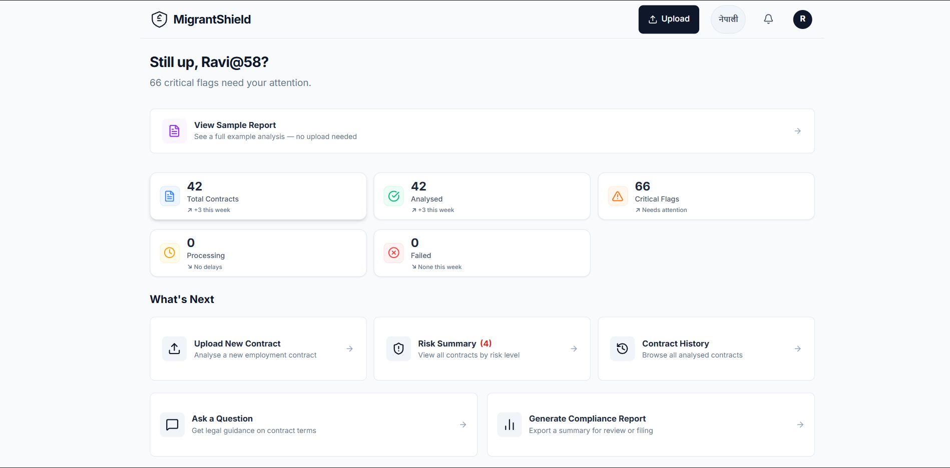 MigrantShield — clause verdict results dashboard